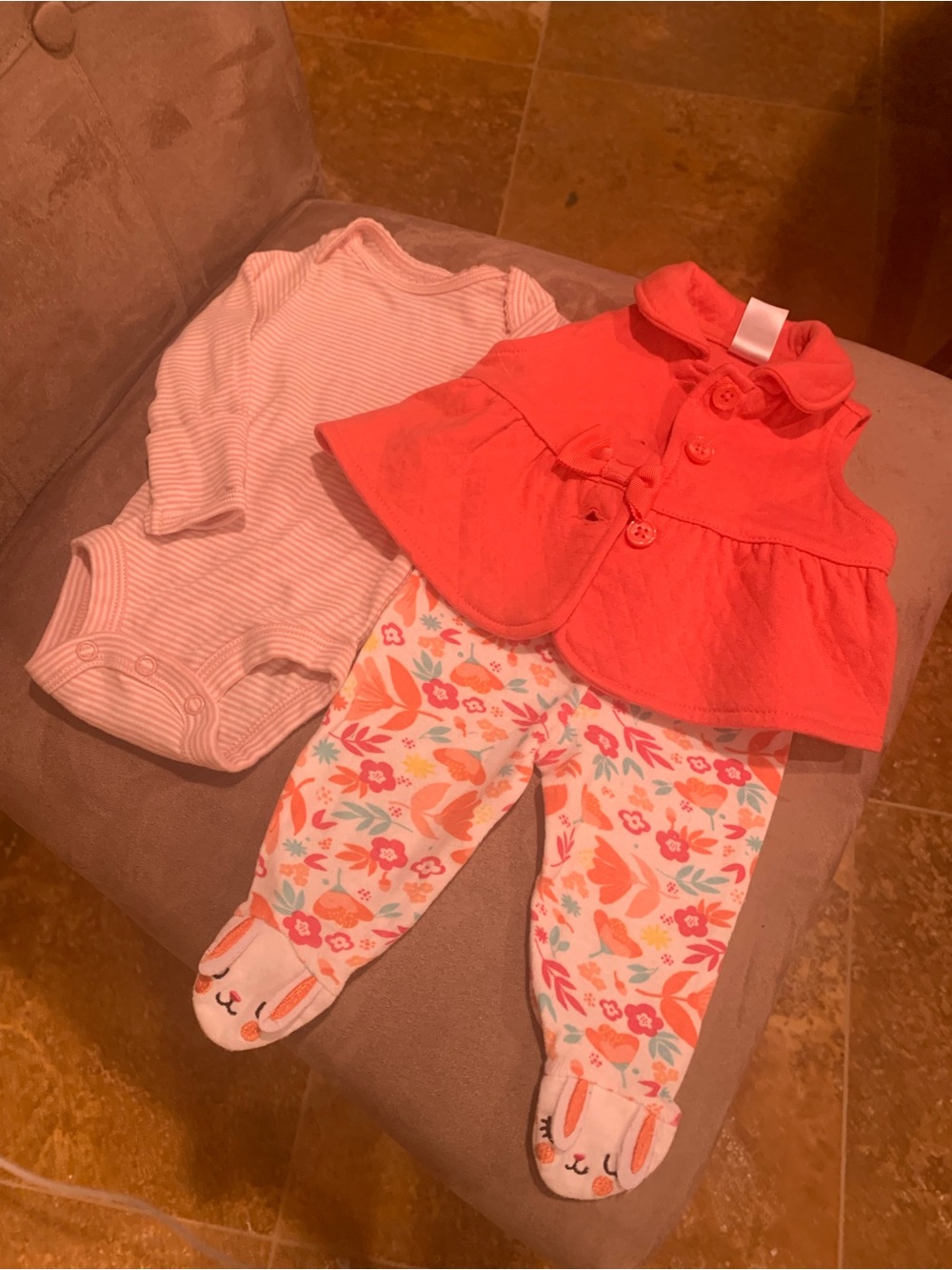 Baby Girls Newborn Footed Pants and Coral Vest and Onesie Outfit